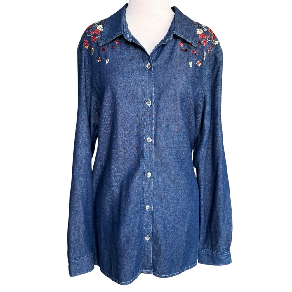 Fall Leaves Blair Women's L Blue Denim Long Sleeve Button Up Shirt Embroidered